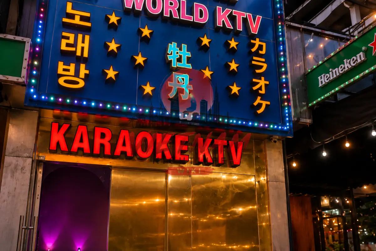 다낭 유니크 가라오케 입구 야간 전경 — 미케비치 해안도로 '노래방 WORLD KTV' 네온 간판과 골드 도어