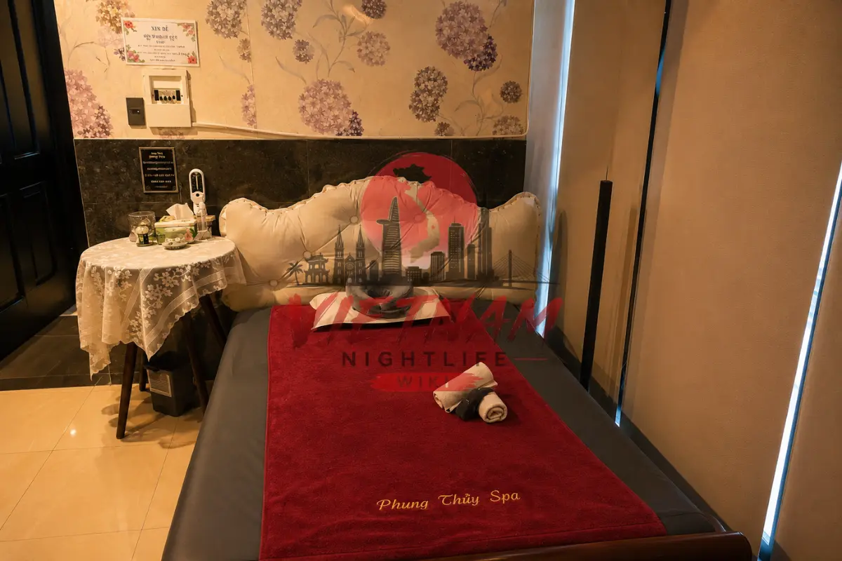 다낭 풍투이 스파 1인 전용 케어 룸 — 수국 꽃 무늬 벽지와 클래식 헤드보드, 정갈한 붉은 자수 타월 세팅 마사지 베드