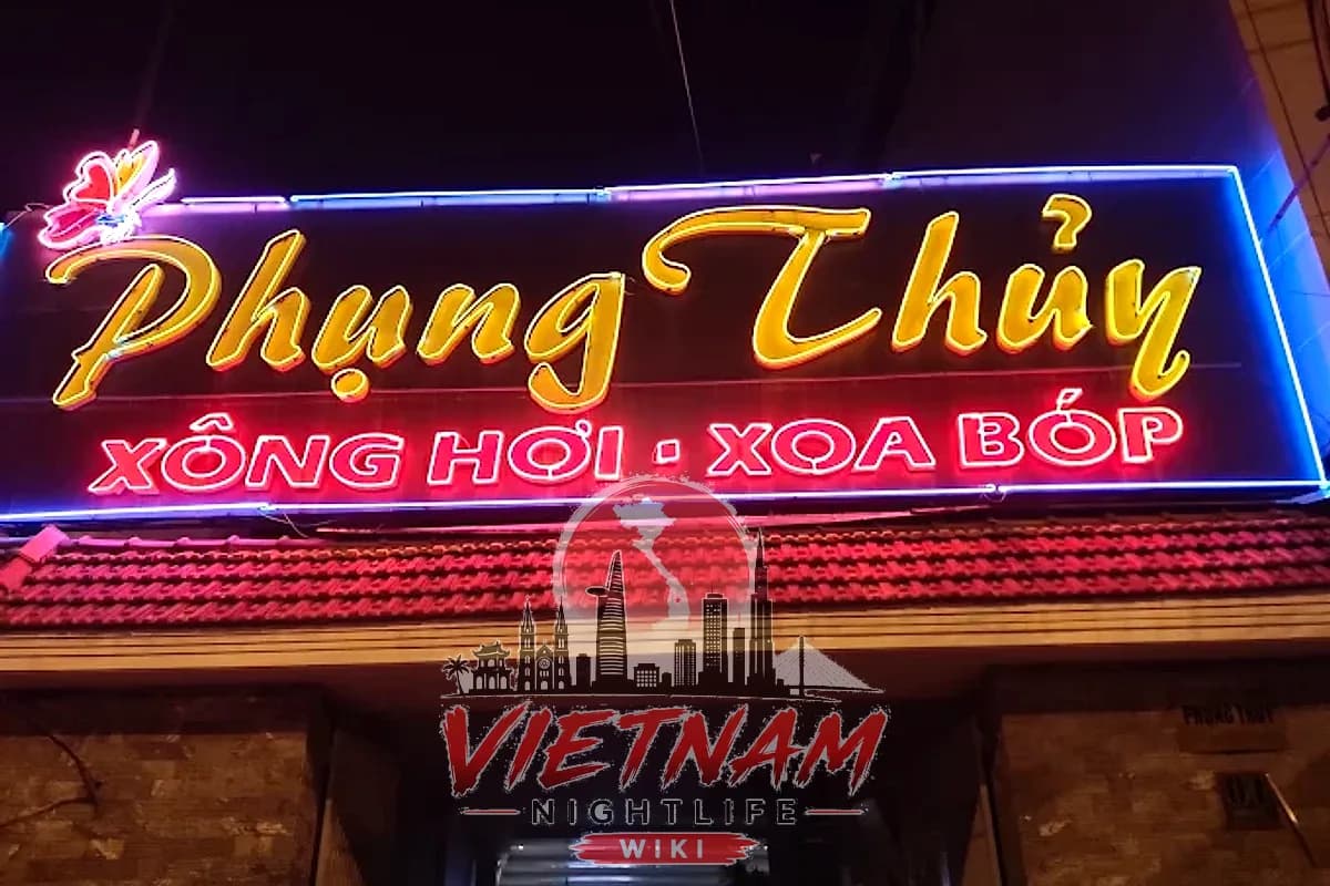호치민 풍투이 스파 Phụng Thủy XÔNG HƠI · XOA BÓP 네온 간판