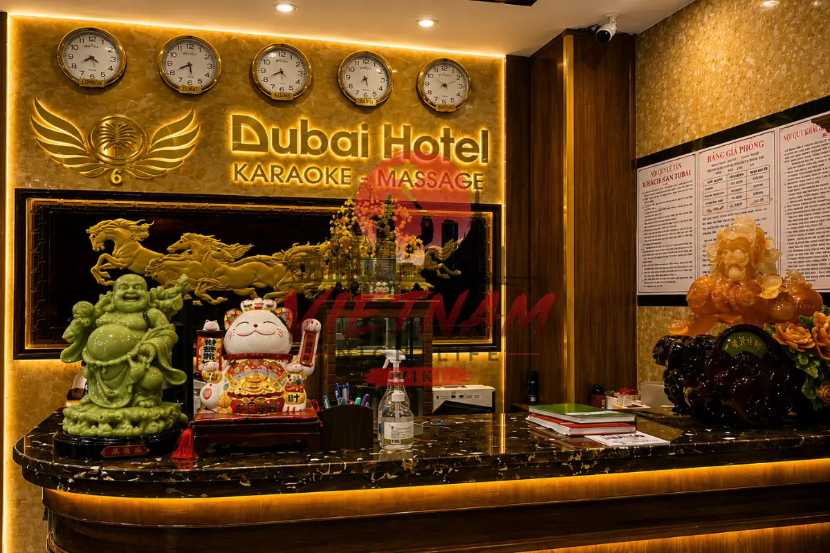 나트랑 두바이 가라오케 Dubai Hotel KARAOKE MASSAGE 시계 및 포대화상 조형물이 장식된 메인 카운터