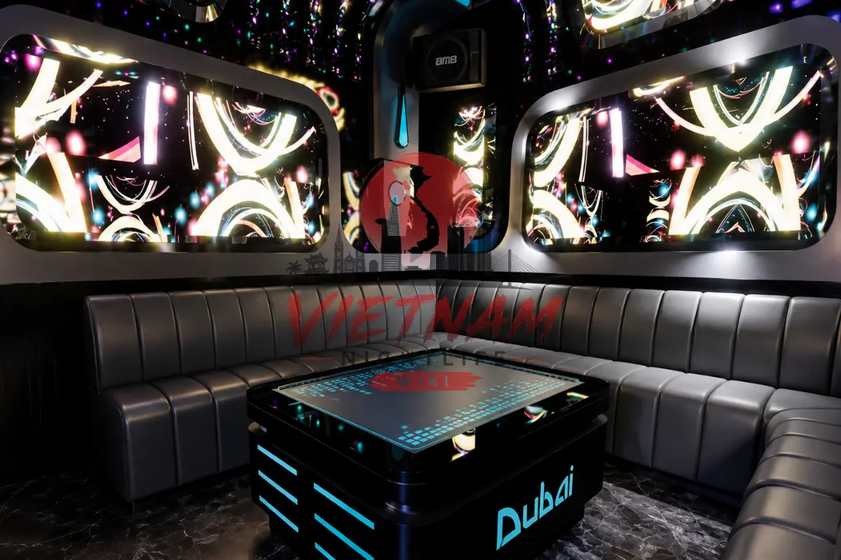 나트랑 두바이 가라오케 Dubai 로고 미디어 스크린 테이블과 모던 그레이 소파가 완비된 VIP 룸